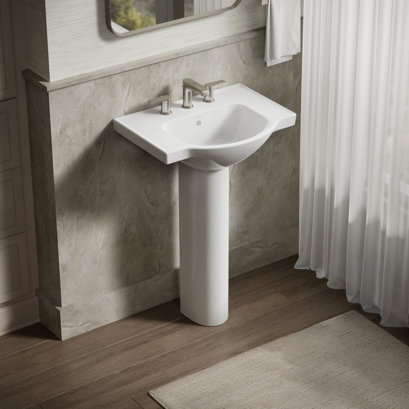 Veer Ceramic Pedestal Bathroom Sink with Overflow, White, 7.99" H x 24" L x 18.25" W, 8" Centers