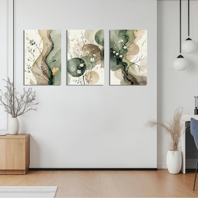 Abstrait floral et botanique sur toile tendue, ensemble de 3 reproductions de peintures à l'huile pour salon