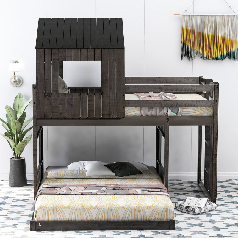 Lit mezzanine gris antique avec maisonnette, lit simple en bois sur lit double, barrières de sécurité et structure en bois de pin massif, lit de jeu avec capacité de charge de 400 / 600lbs en gris, lit double et barrières de sécurité,