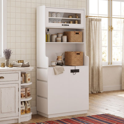 Armoire de rangement en bois avec compartiment à couvercle rabattable, prises électriques, tablettes réglables, 3 tiroirs et placard