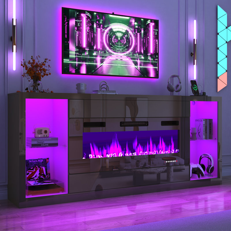 83" Fireplace TV Stand With Power Outlet, Large Media Console With 50" Fireplace, White High Gloss Large Entertainment Center W/5000-Colors LED Lights & Drawers For Living Room