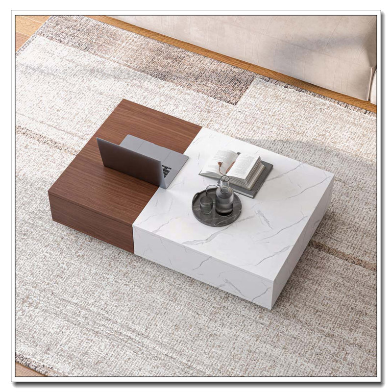 Table basse avec rangement, Bois / marbre, Brun noyer / blanc