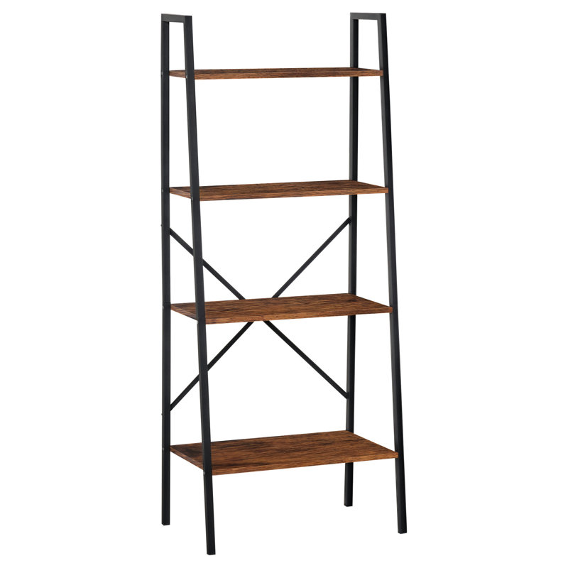 Cheever Ladder Shelf 4-Tier Storage Rack Bookshelf Rustic Brown and Black