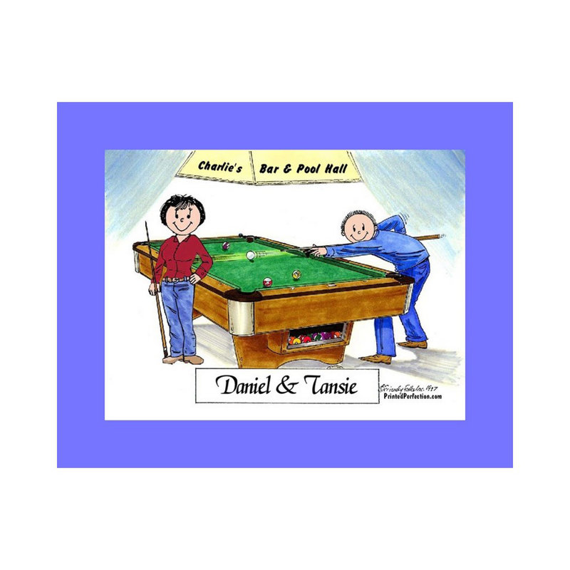 Personalized Billiards, Pool Player Couple Cartoon Caricature with a Mat, Ready to Frame, Yes