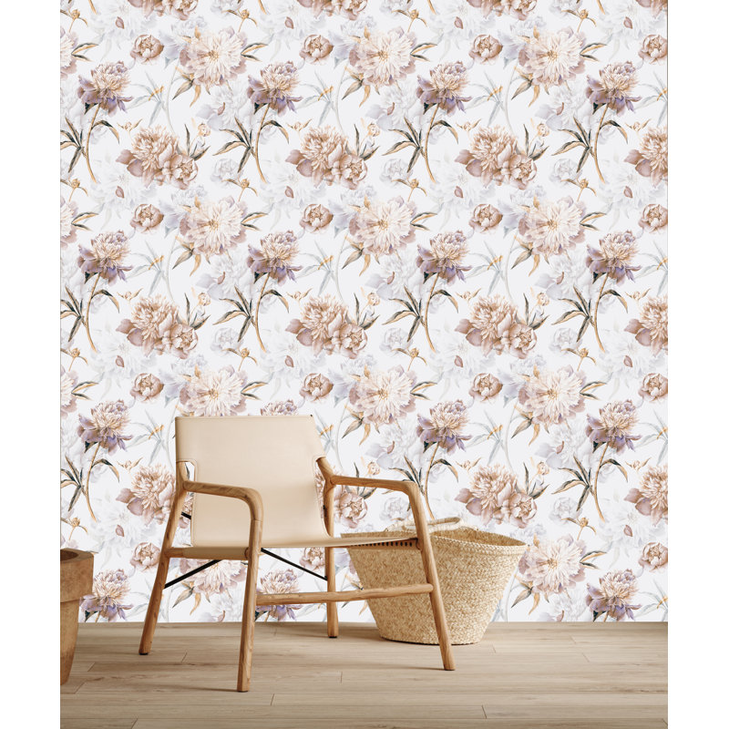 Mattalyn Hand Drawn Watercolor Peonies 10'L x 24''W Peel and Stick Wallpaper Roll