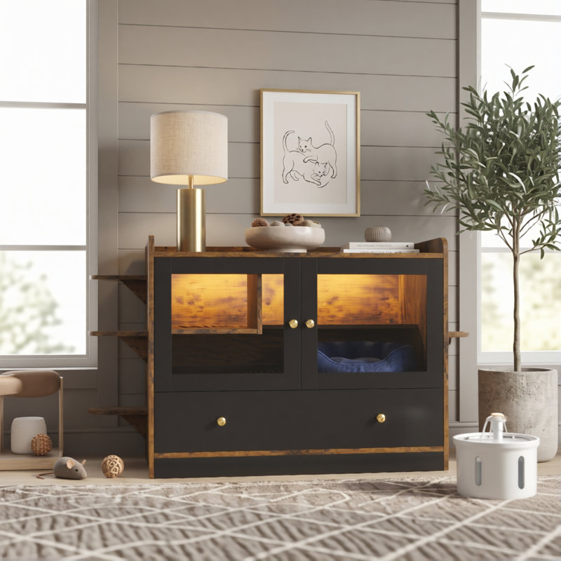 Hidden Cat Litter Box Enclosure with Drawer & Stairs, Rustic Brown/Black