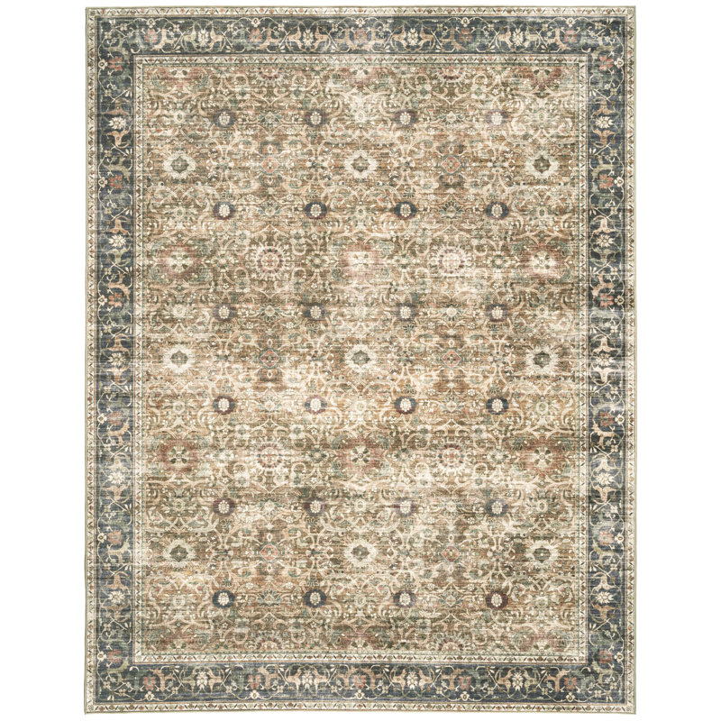 Myshawn Dua Distressed Border Brown Gray Beige Machine Washable Area Rug, Rectangle 5' x 7'