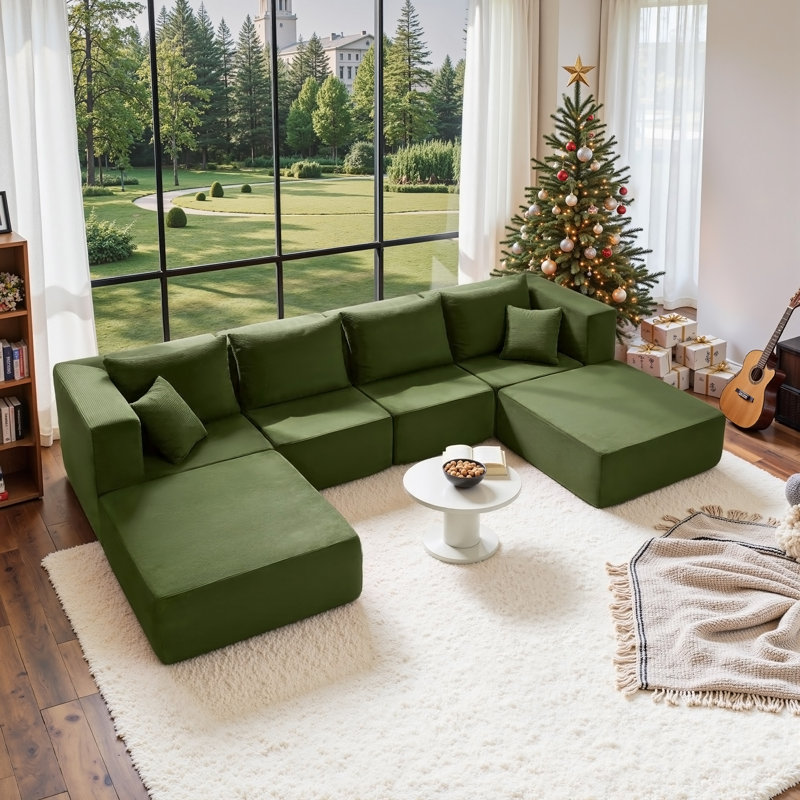 Canapé-lit modulaire de 140 po, Velours côtelé vert rétro