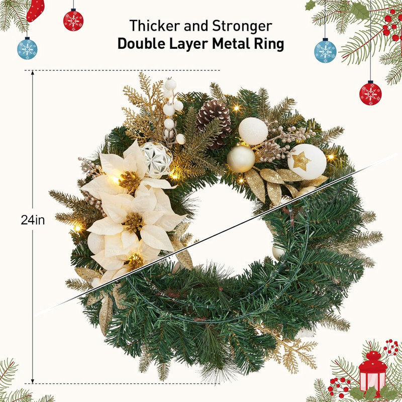 Couronne de Noël pré-éclairée pour porte d'entrée, couronne lumineuse de 24 po avec boules de Noël, fleur artificielle et nœud