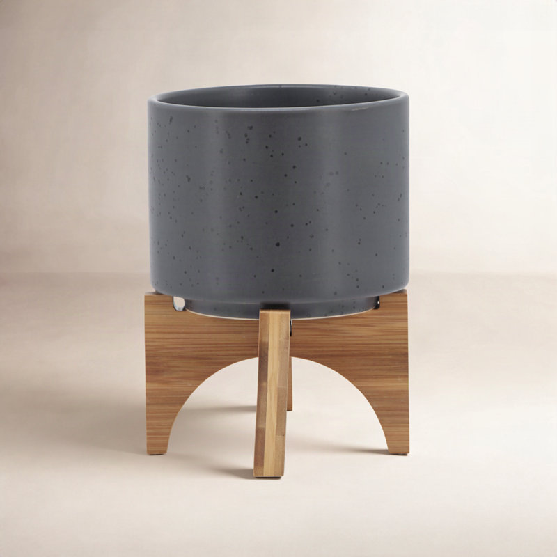 Ceramic Planter with Bamboo Stand - Modern Plant Pot with Elevated Base for Indoor Use, Gray, 1, 9" H x 8 " W x 8" D