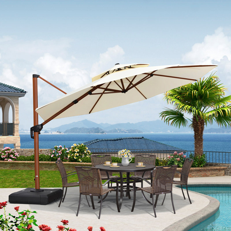 Parasol en porte-à-faux rond en bois avec base Epperly, Crème, H 108 po x l 144 po x P 144 po