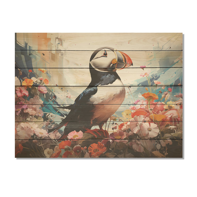 Morden Puffin Bird Portrait III - Coastal Animal On Wood Print, 34" H x 44" W x 0.78" D