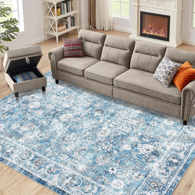 Tapis floral 5 x 7 pi Boho, antidérapant, lavable, résistant aux taches et à poils courts pour salon / chambre à coucher / cuisine (gris clair)