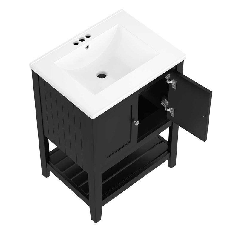 Meuble-lavabo moderne élégant de 24 po avec meuble-lavabo en céramique élégant et tablette ouverte, Noir