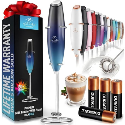 Zulay Kitchen Milk Frother with Batteries 4pcs Duracell Included - Handheld Milk Frother Wand Drink Mixer for Coffee, Latte, Cappuccino, Tea, Hot Chocolate
