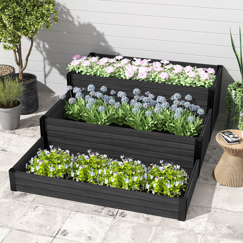 Jardinière surélevée à plusieurs niveaux, jardinière à 3 niveaux (pas de panneau inférieur), Noir, noir, noir, noir