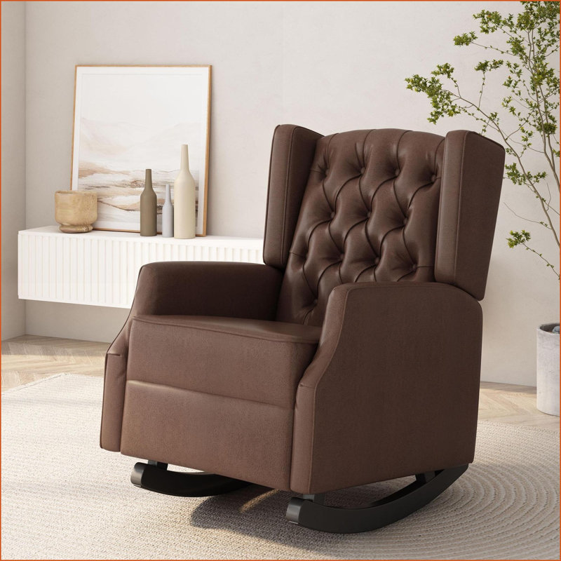 Chaise berçante à oreilles contemporaine avec capitonnage à boutons | Polyuréthane brun foncé