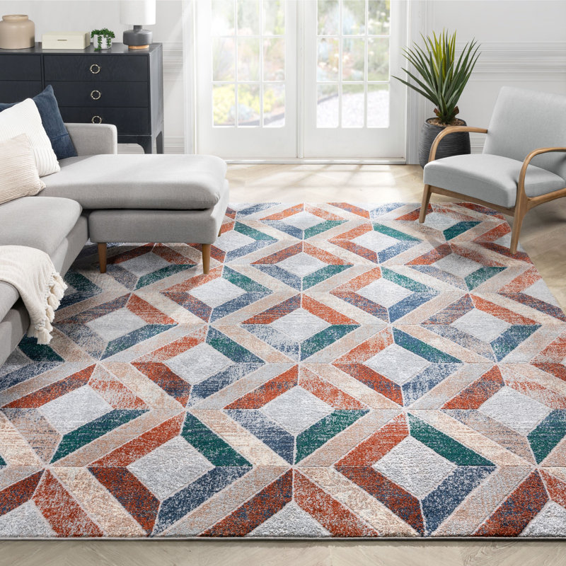 Geometric Blue and Orange Synthetic Area Rug, 5'3" x 7'3"