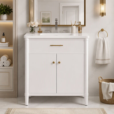Modern Bathroom Vanity Cabinet with Ceramic Sink and Soft Close Doors Featuring Adjustable Shelf Storage