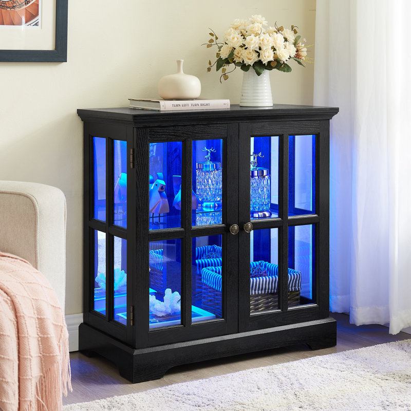 Vitrine lumineuse à DEL, vitrine antique avec tablettes réglables, vitrine de qualité rétro avec portes en treillis, bibliothèque élégante et armoire de rangement pour la décoration intérieure et l'organisation BLK