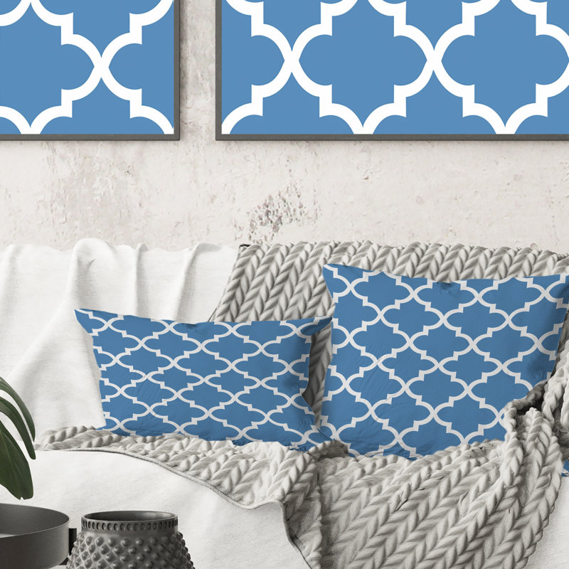 Bleu, blanc, quadrilobe à motifs I - coussin décoratif moderne, H 16 po x l 16 po