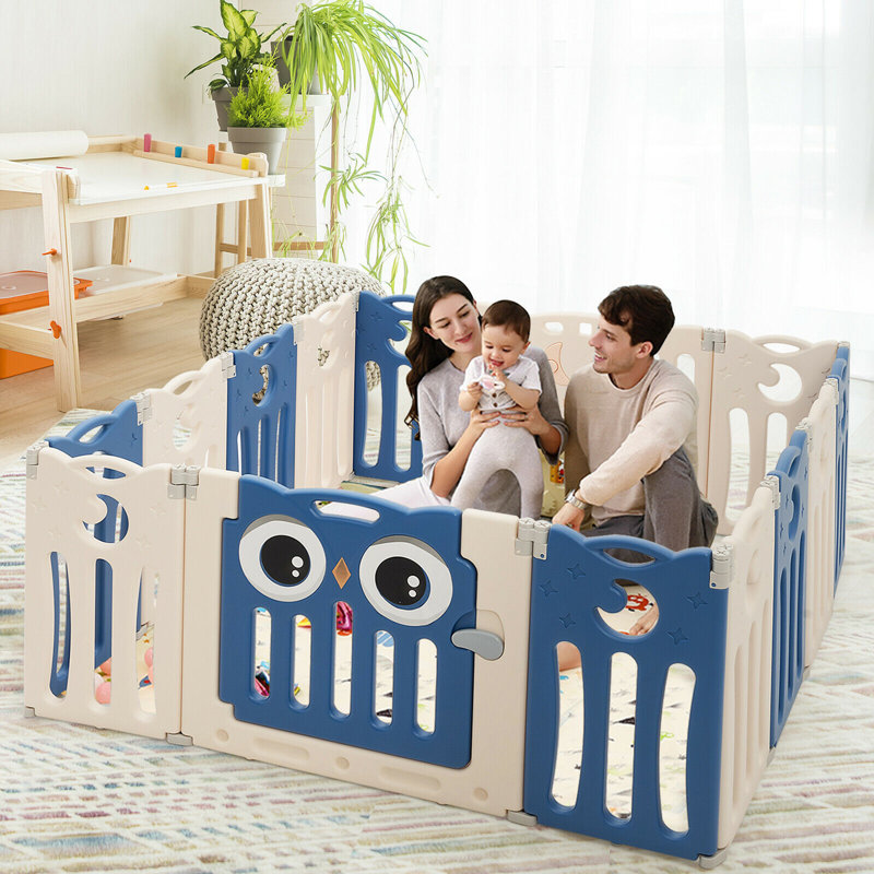 Gymax Blue and Beige Foldable Baby Playpen with Lock Door