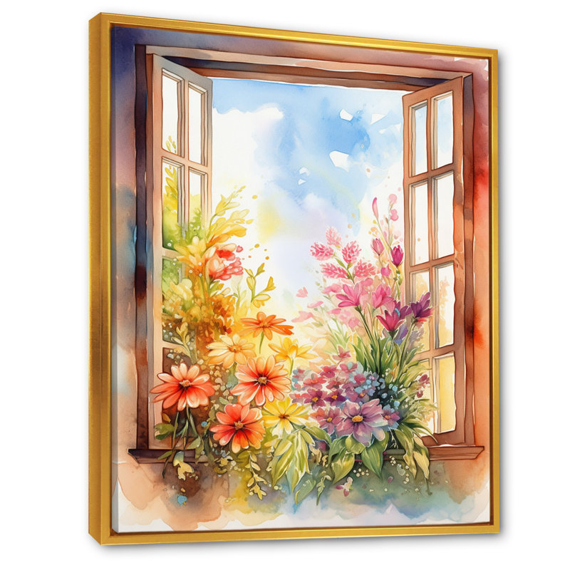 Fenêtre Mayling de fleurs florales IV, H 32 po x l 16 po x P 1 po, Cadre flottant doré