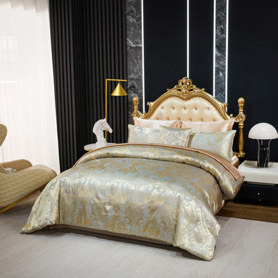 Ensemble d'édredon jacquard pour lit très grand doré avec draps en satin taupe 8 pièces Royal broderie néo-classique floral