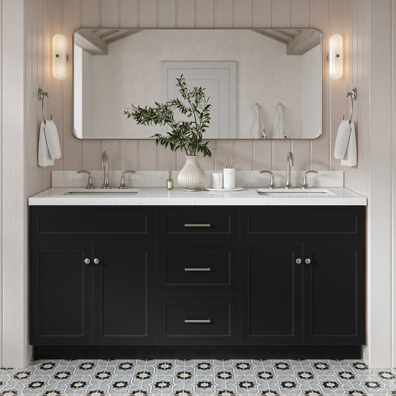 Meuble-lavabo double autoportant 72 po avec plateau en quartz Hamlet, Noir