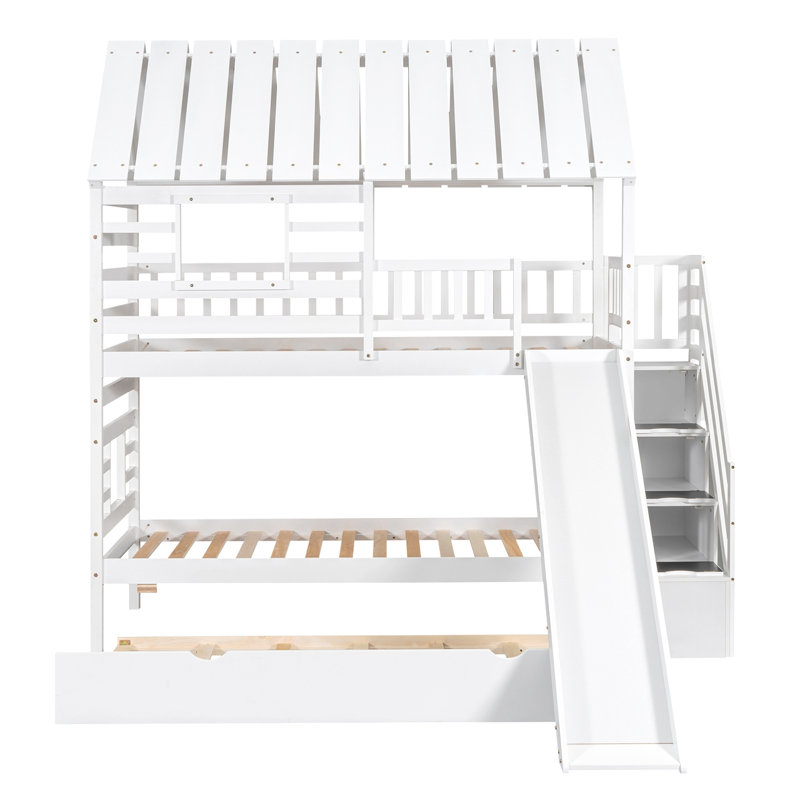 Lit superposé simple au dessus d'un lit simple avec lit gigogne et glissade, escalier de rangement, toit et fenêtre, Blanc