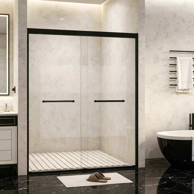 Porte de douche coulissante double noire l 54 po x H 72 po, verre trempé antidéflagrant de 1/4 po avec cadre en aluminium et poignée en acier inoxydable