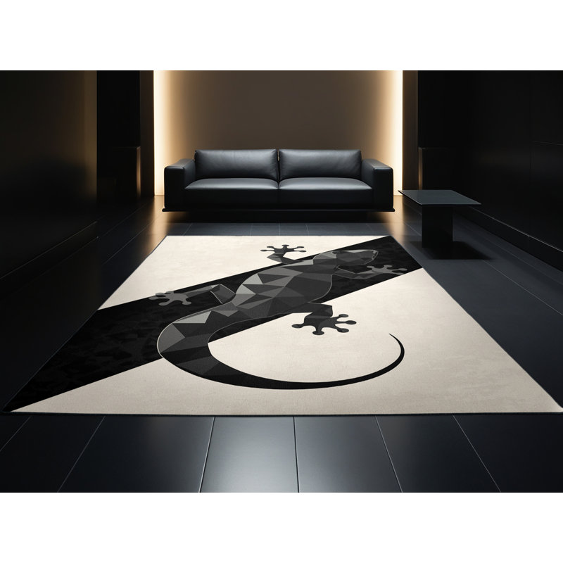 Machine Washable Peirsen Gecko Modern Geometric Rug in Beige – Black Binding, 2x5