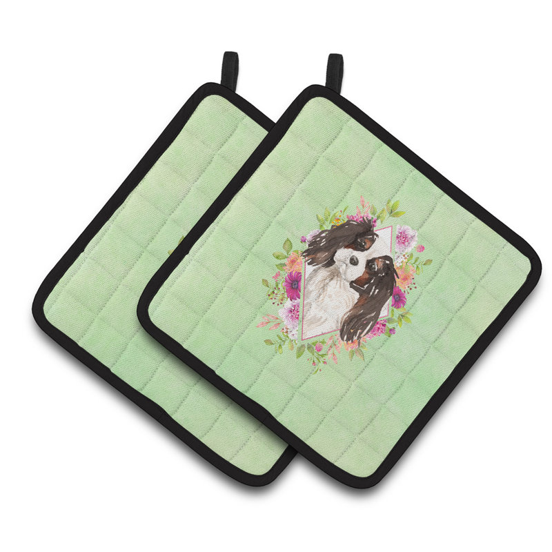 Ensemble de cuisinier poignée 2 pièces caroline trésors sheltie, Vert, Épagneul cavalier tricolore