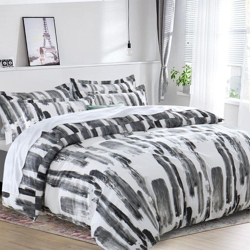 100% Microfiber Modern Stripe Duvet Cover Set  With Pillow Cases, Double Duvet Cover Set + 2 Standard Pillowcases
