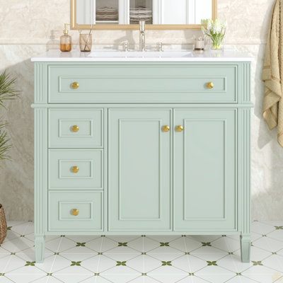 36 Inch Bathroom Vanity With Sink, Solid Wood Cabinet With Flip-Out Drawer, 3 Drawers And 2 Soft-Close Doors