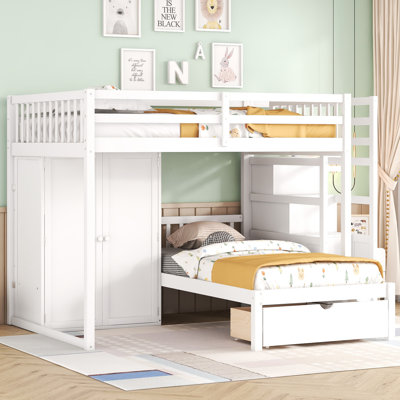 Full Over Twin Bunk Bed with Wardrobe, Storage Drawers & Staircase, Space-Saving Wood Bed Frame, White