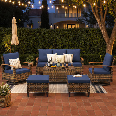 Ensemble de conversation de patio en osier pour 7 personnes avec table de rangement et poufs multifonctionnels