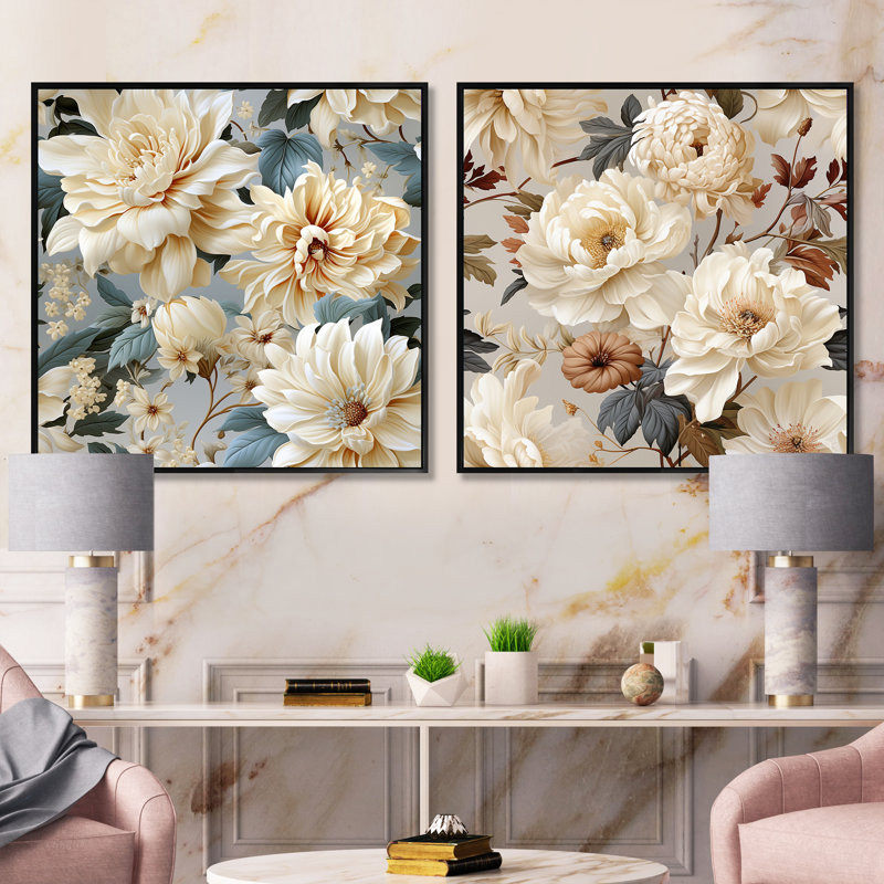 Beige doux neutre pivoines élégance II - ensemble de collage carré floral de 2, Cadre flottant noir, H 30 po x l 61 po