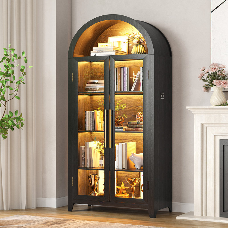 Freestanding Arch Display Cabinet with 3-Color Light Modes and Motion Sensor, Black