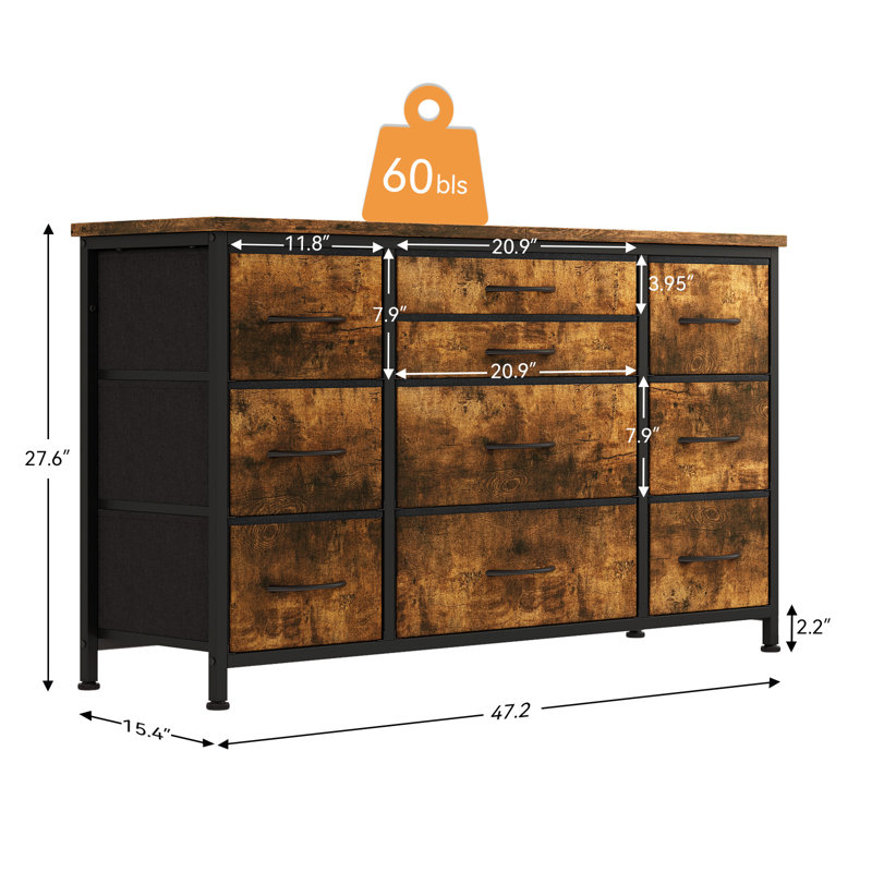 Commode 10 tiroirs avec prise de courant, Brun