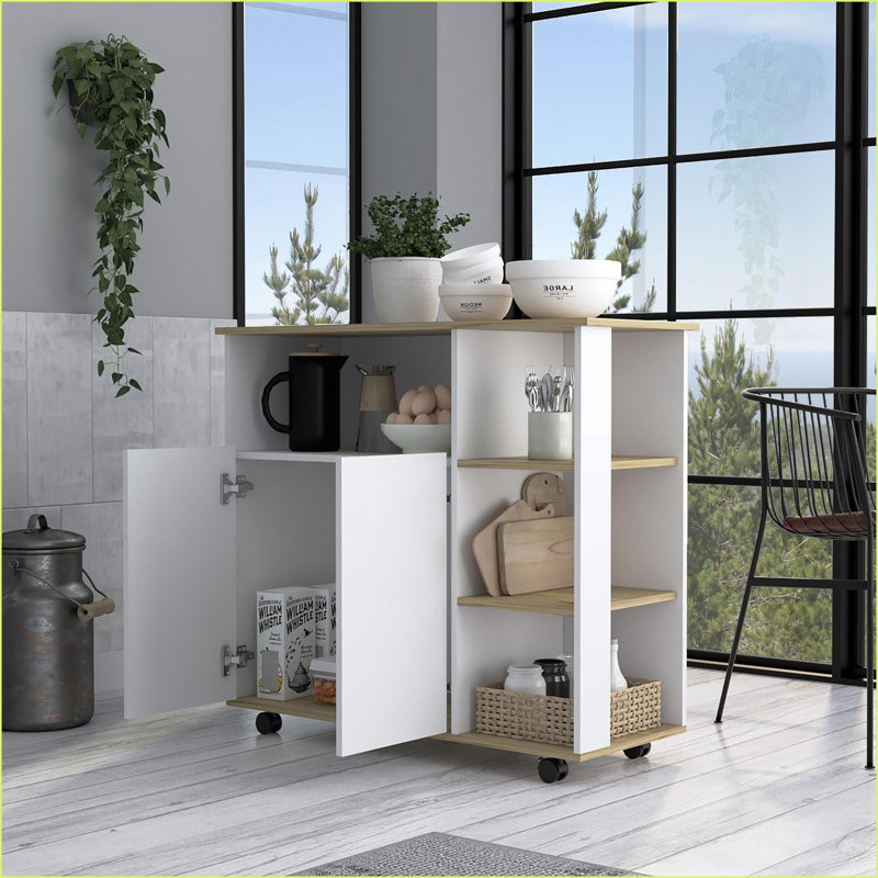 Îlot de cuisine avec roulettes verrouillables, 1 armoire, 4 tablettes ouvertes - Chêne clair / ivoire | Chêne clair | Panneau de particules
