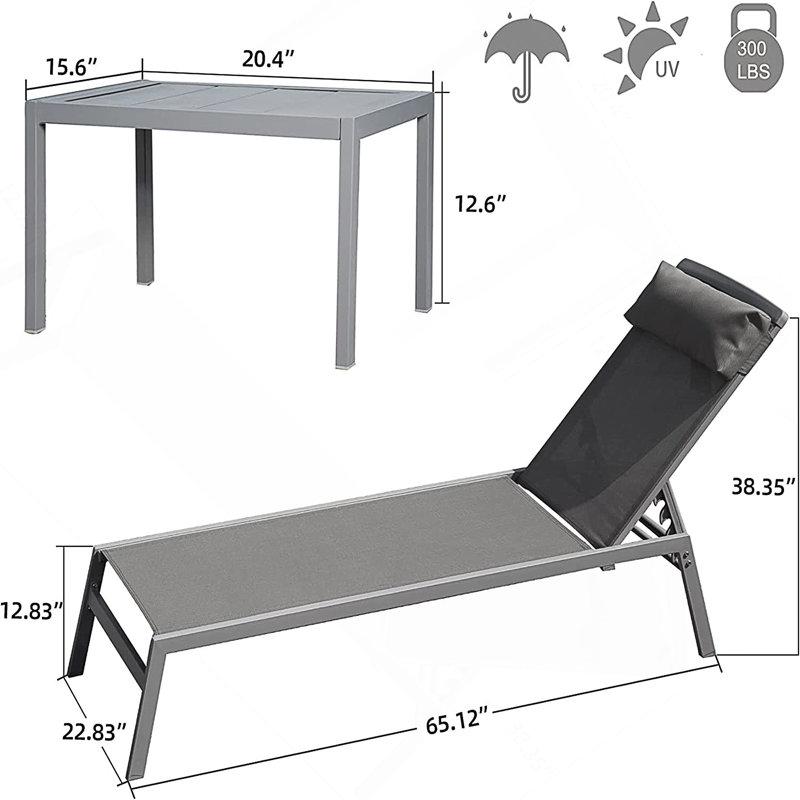 Ensemble de chaises longues de patio avec 2 chaises réglables en aluminium et 1 table, parfait pour la détente en plein air et les bains de soleil