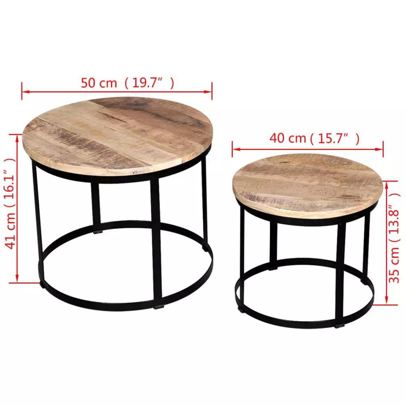 Coffee Table Set 2 Piece Round End Table Side Table Solid Wood Mango, Beige