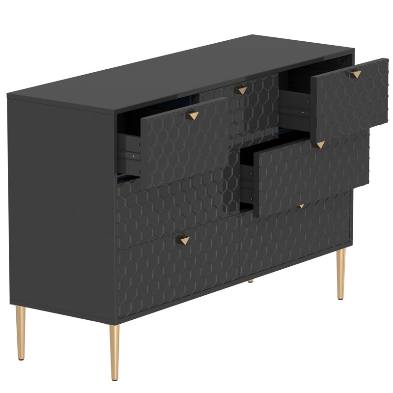 Buffet contemporain 7, finition noire, fabrication en fer, pour l'organisation de la chambre à coucher et du salon - Buffet surélevé en nid d'abeille noir