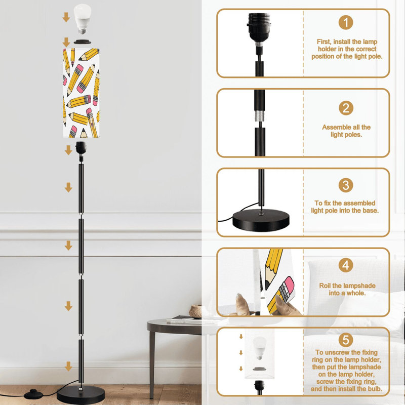 Lampe sur pied sans couture à la rentrée, crayons jaunes, gommes roses, blanc, intensité variable, lampe sur pied avec télécommande