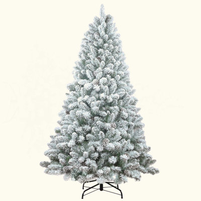 Flocked Christmas Tree With Pine Cones – Snowy PVC Artificial Holiday Tree, 1124 Tips, 45 Natural Pinecones, Sturdy Metal Stand, Full Shape For Seasonal Decoration