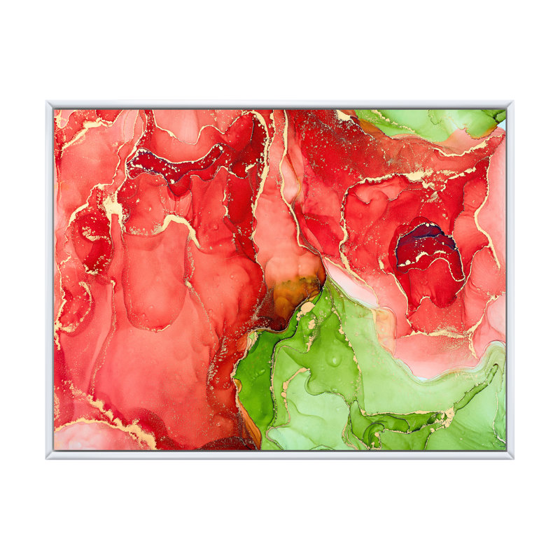 «Red and Green Luxury Abstract Fluid», peinture sur toile, H 16 po x l 32 po x P 1 po, Cadre flottant blanc