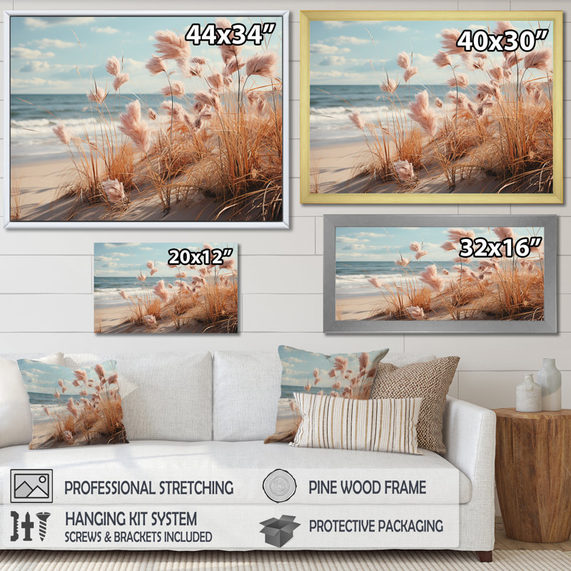Ocean Spring Bliss Tender Pastel Beach Grass I - Beach Wall Art Prints, Cadre naturel flottant, H 30 po x l 40 po