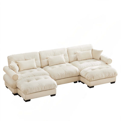 Extra Large 3-Seat Modern Velvet Comfortable Oversize Sofa with Pillows & 2 Movable Ottomans