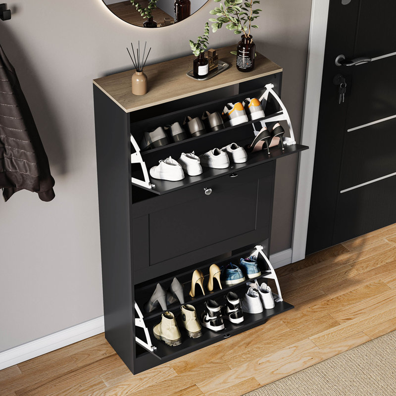 3 Drawer Shoe Cabinet with Oak Top Modern Shoe Storage For Hallway Living Room & Bedroom, Black/Oak